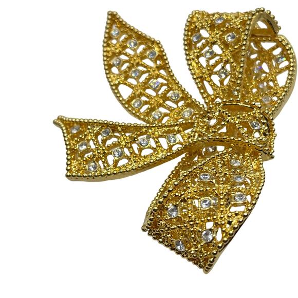 Kenneth Jay Lane Bow Brooch Pin Gold Tone Vintage KJL Rhinestone Women Retro - Picture 6 of 15